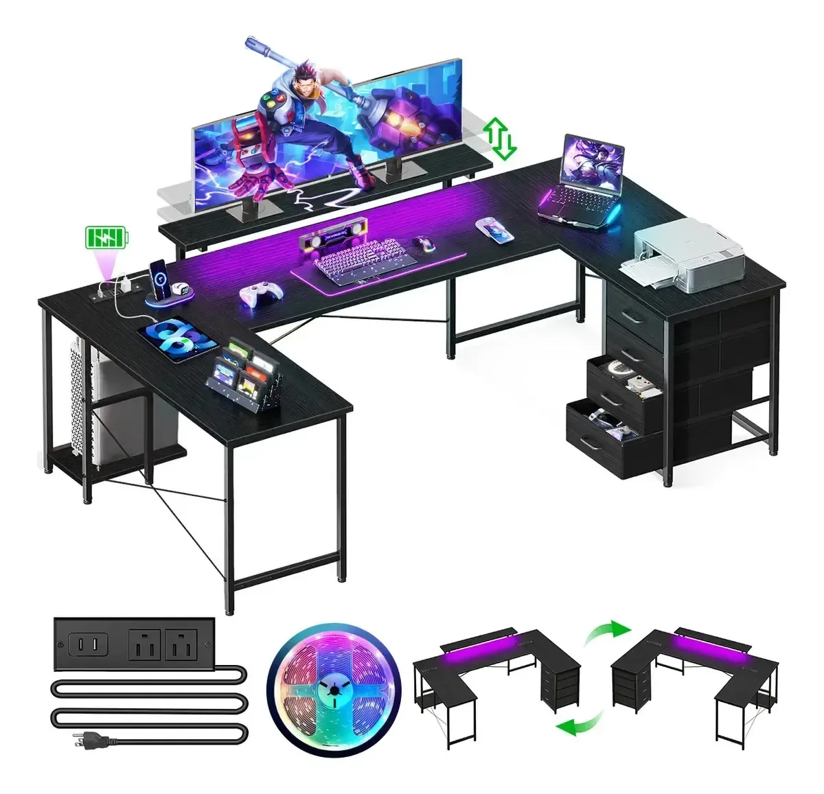 Hogar Desktop Con 4 Cajones, 100* 167* 85 cm, Escritorio Gamer Forma De U, Escritórios Para Computador Equipados Com Luminárias E Reguladores, Escritórios Minimalistas 2 Tipos Formas, Preto