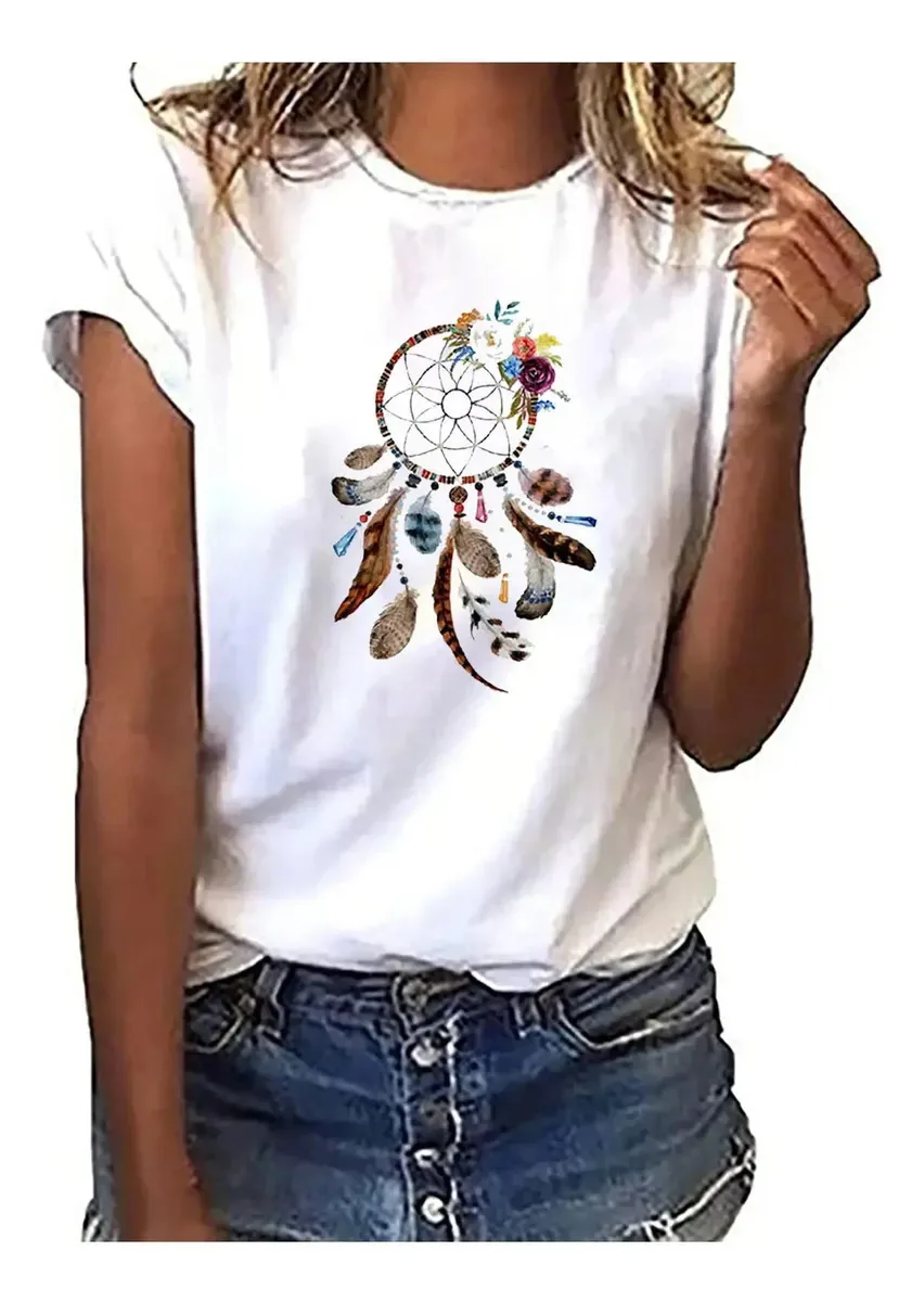 Camisetas clássicas de manga curta com estampa Dreamcatcher para o verão, gola redonda, leves, folgadas, 01 branca, XXL