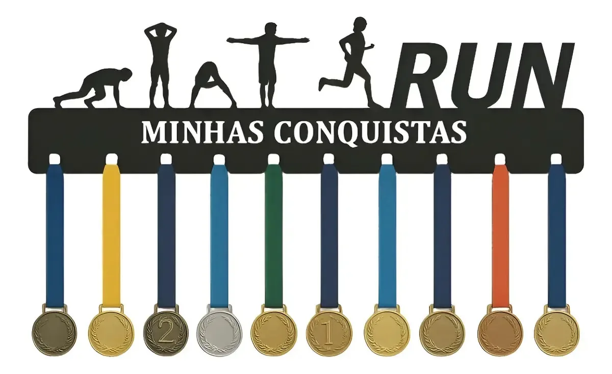 Porta Medalha Run Minhas Conquistas Mdf Preto Esportivo 51cm Preto