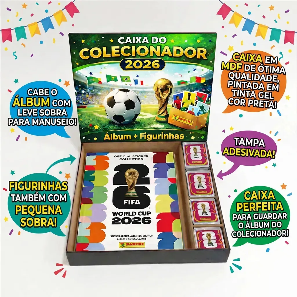 Caixa Porta Álbum Copa 2026 + Figurinhas Mdf Tampa Adesivada
