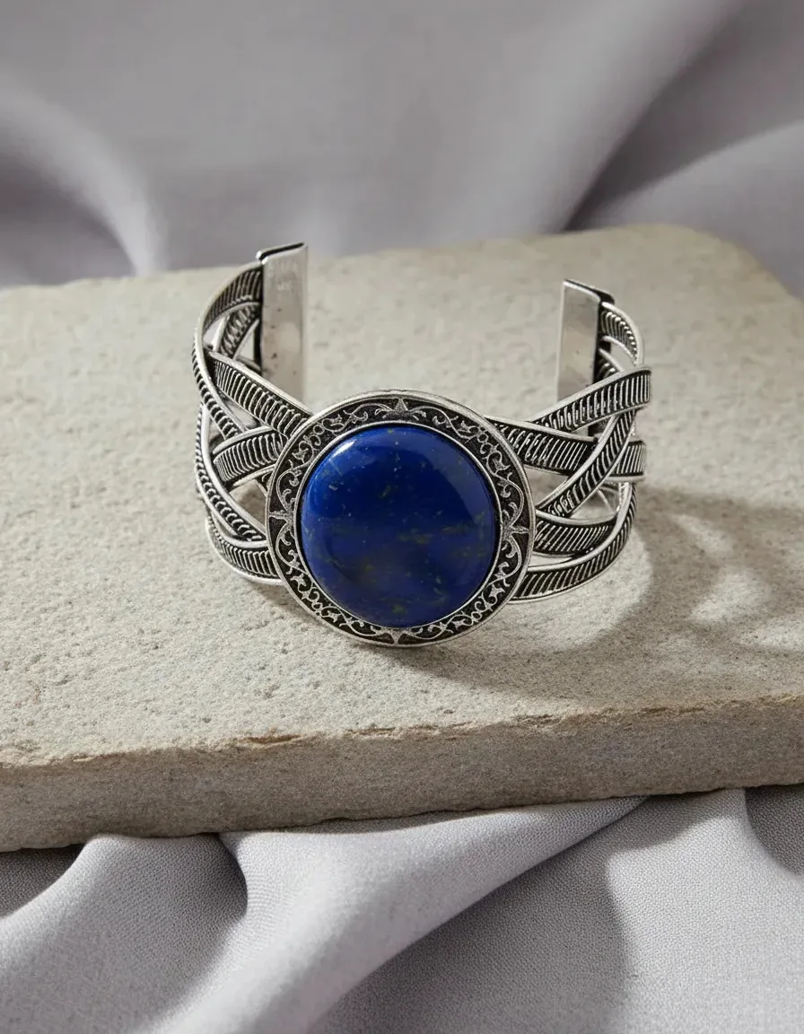 Bracelete Prata Vintage Com Pedra Azul E Cinza Trançado Pedra Azul 6.5 Cm