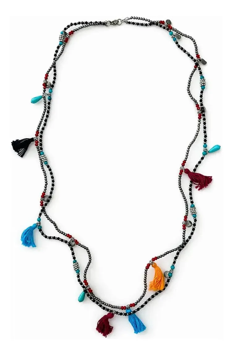 Colar Boho Chic Feminino Étnico Pedras Franjas Boho Colorido