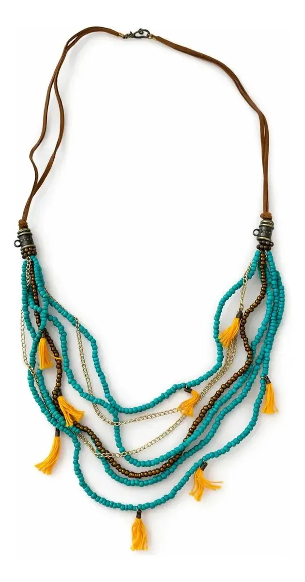 Colar Boho Chic Feminino Étnico Pedras Franjas Camadas Turquesa Color