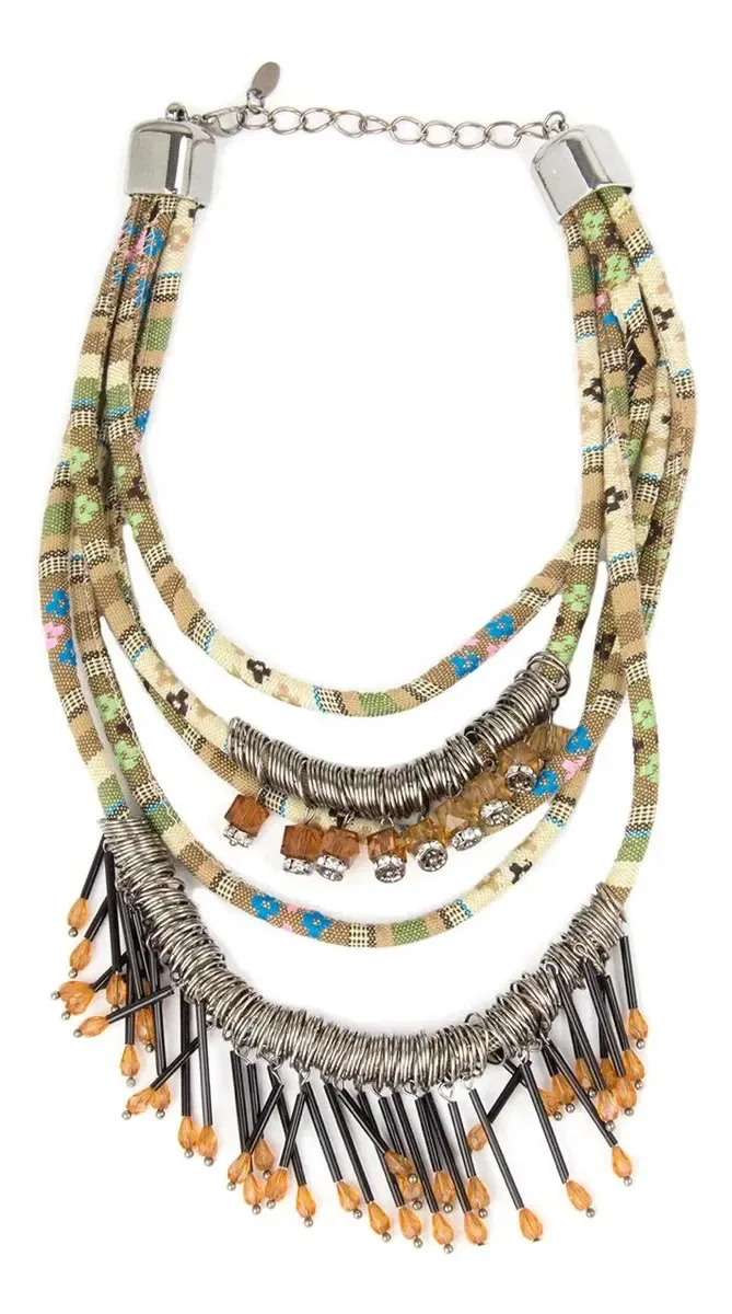 Colar Boho Chic Feminino Étnico Pedras Franjas Maxi Tribal