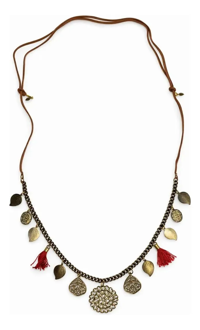 Colar Boho Chic Feminino Étnico Pedras Franjas Boho Ouro Velho