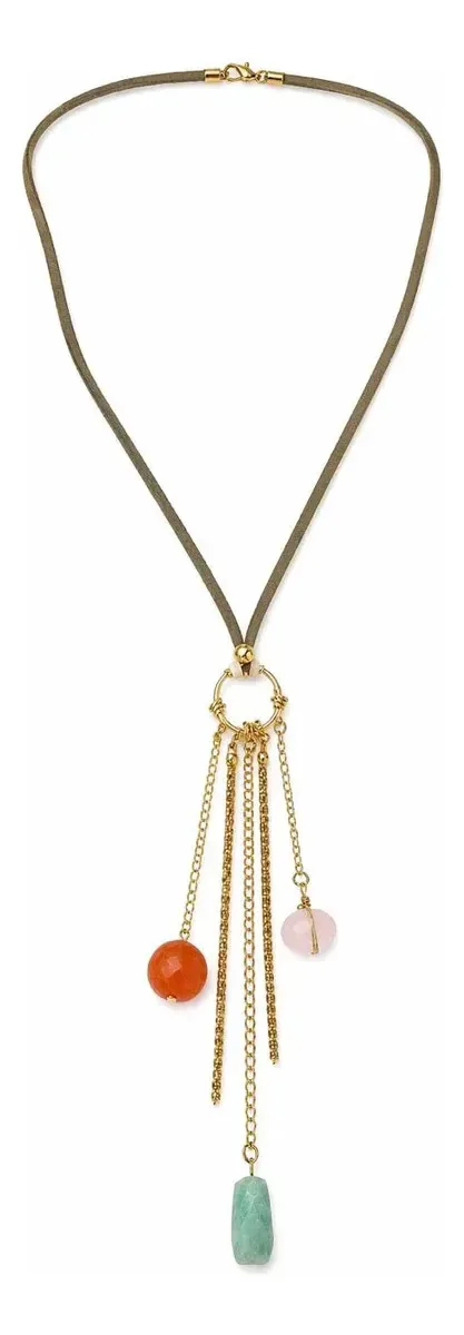 Colar Boho Chic Feminino Étnico Pedras Franjas Pedras Naturais Dourado