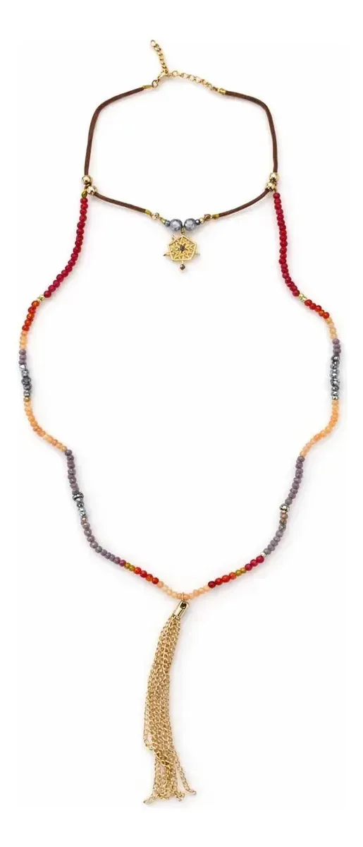 Colar Boho Chic Feminino Étnico Pedras Franjas Duplo Boho Miçangas