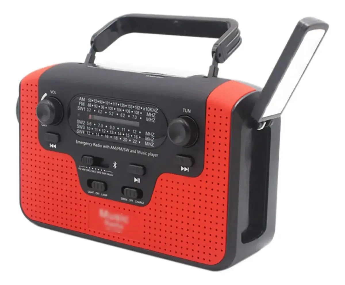 Rádio meteorológico de emergência Lfzhjzc, rádio multifuncional com alça solar, lanterna LED de emergência multifuncional, rádio para desastres, para acampamento, emergência (cor: vermelho)