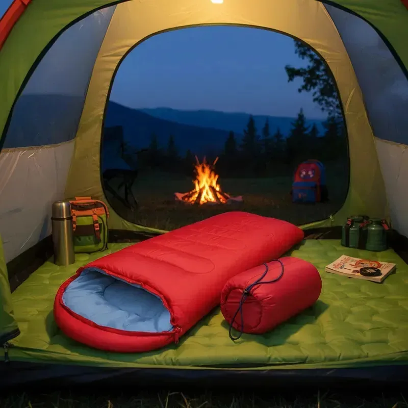 Saco de dormir leve para crianças, pijamas de acampamento com capuz vermelho esquerdo