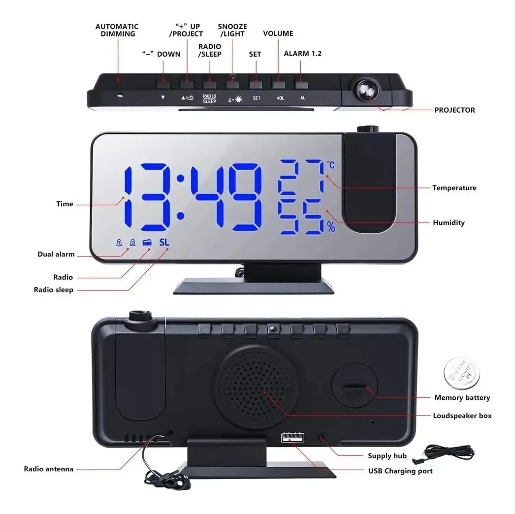 Despertador digital inteligente Patins LED com rádio FM, relógio de mesa, relógios eletrônicos de mesa, despertador USB com projeção de tempo repetido