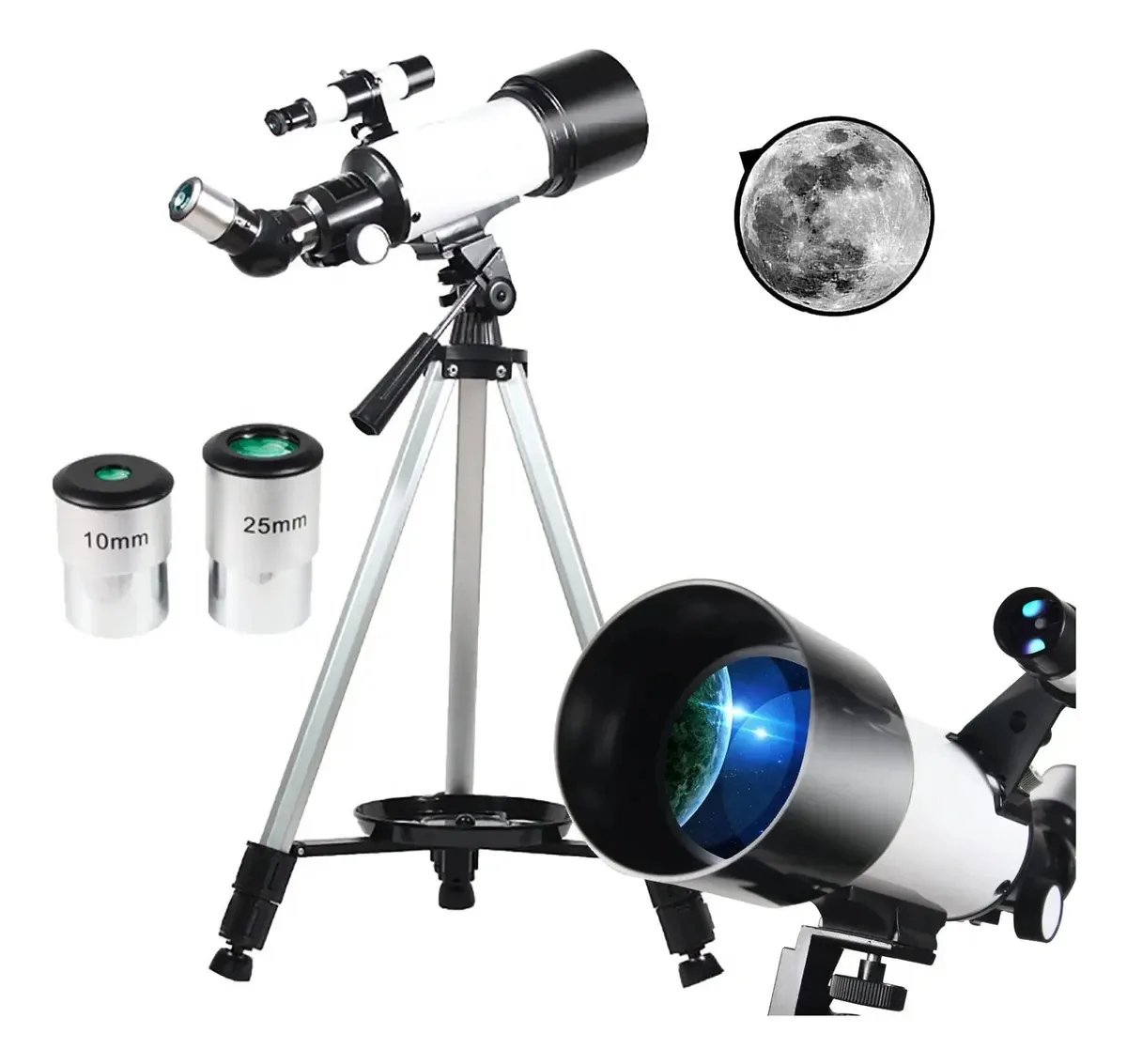 Telescópios para adultos, crianças e iniciantes, abertura de 70 mm, distância focal de 400 mm, telescópio astronômico profissional portátil com tripé ajustável de aço inoxidável, 2 oculares, bolsa