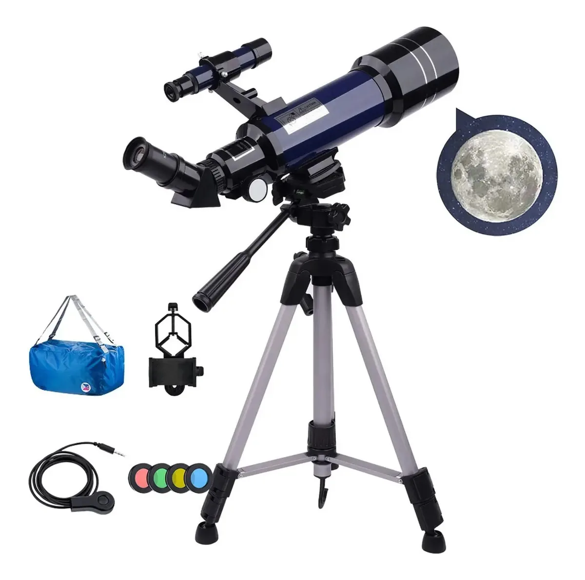 Telescópio profissional para adultos, abertura de 70 mm, distância focal de 400 mm, telescópios refratores astronômicos portáteis para crianças e iniciantes, com tripé ajustável, 2 oculares, suporte