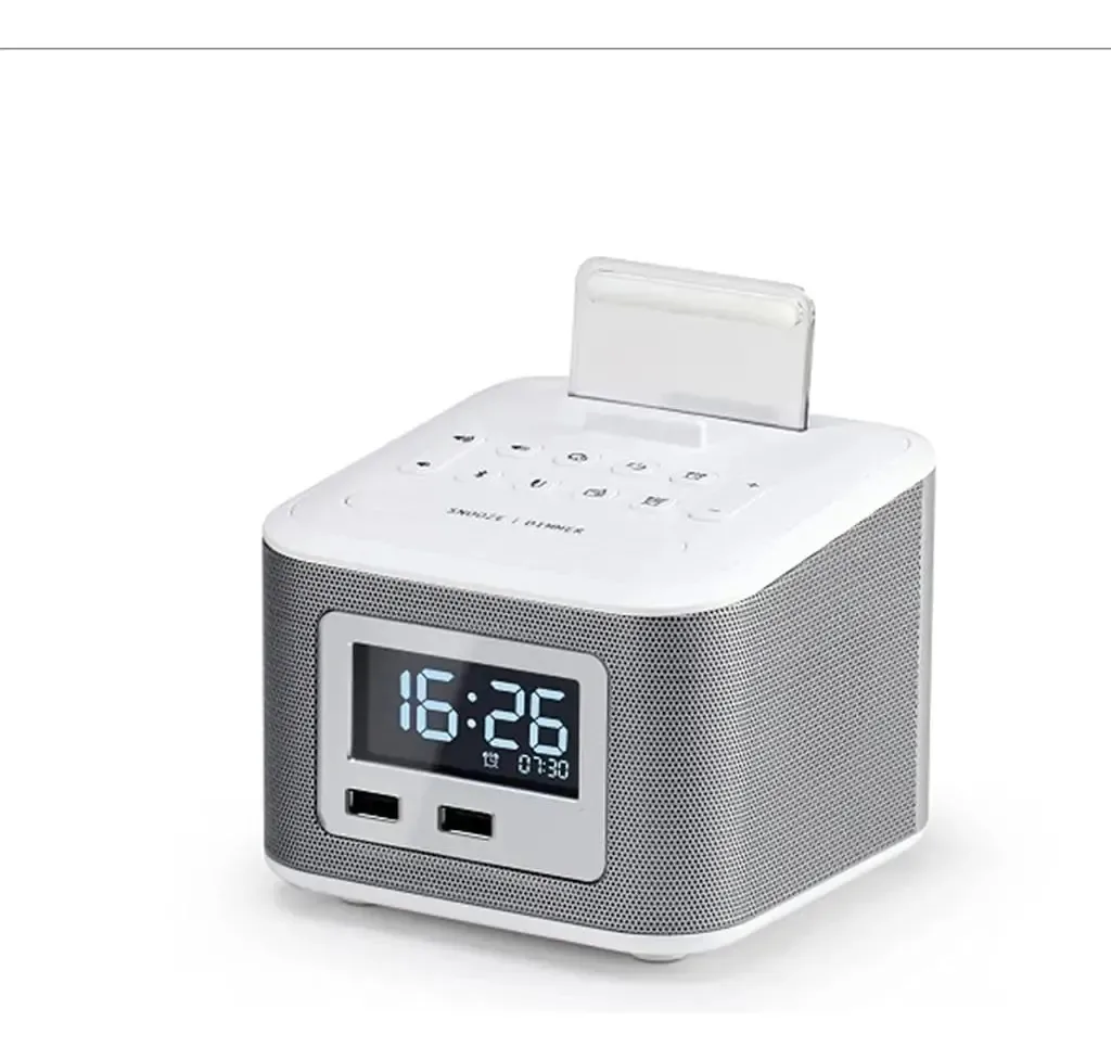 Despertador digital decorativo assoreado com alto-falante Bluetooth sem fio Relógio de rádio FM surround 3D com 2 portas de carregamento repetidor USB para quarto, fácil de configurar (branco)