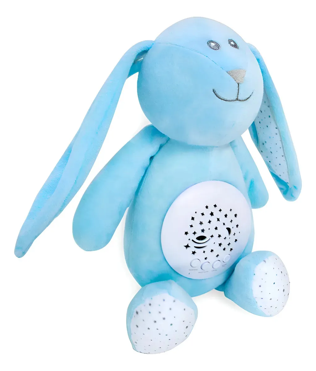 Cuco assustador, coelho de pelúcia, luz e ruído, azul claro, branco