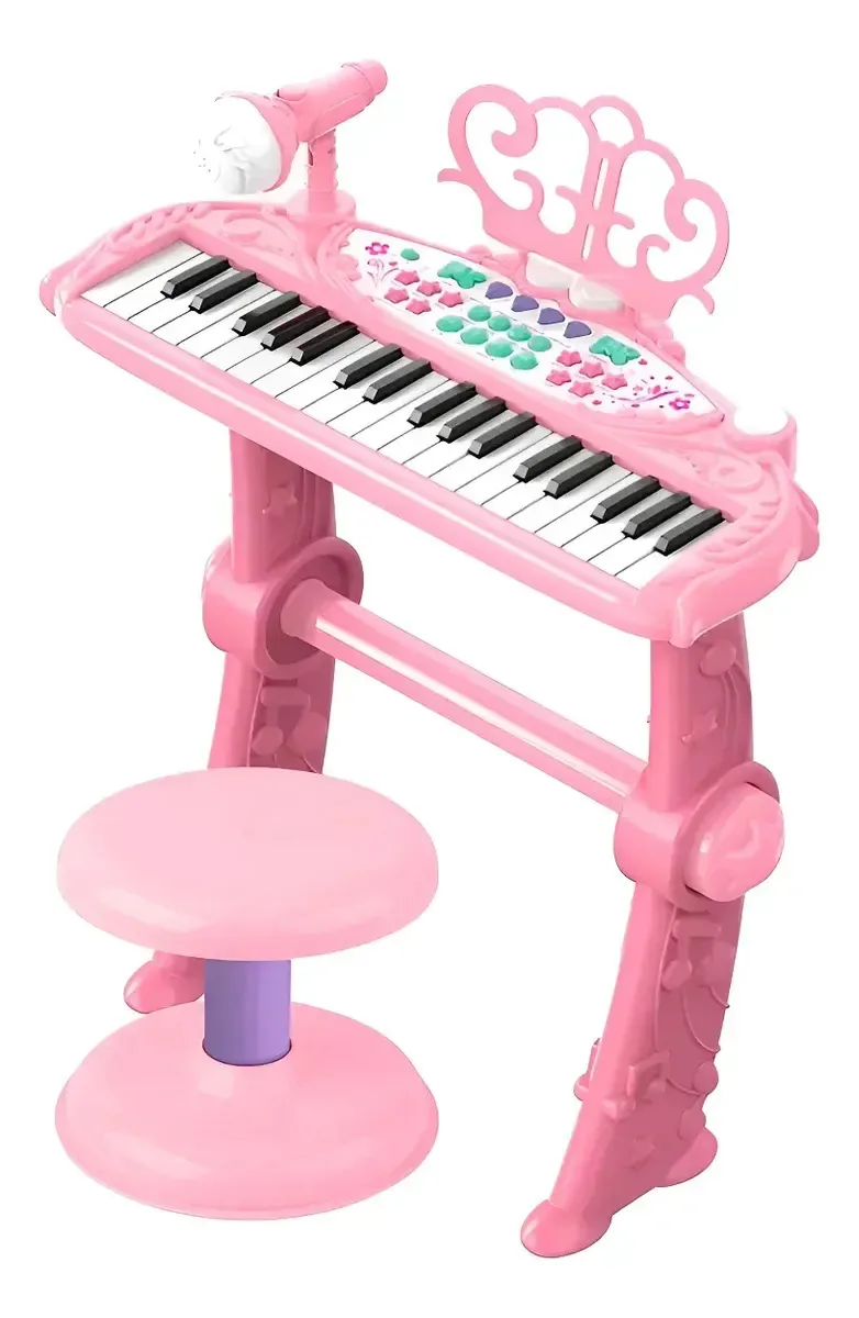 Teclado infantil Piano Toy com microfone e banquinho rosa