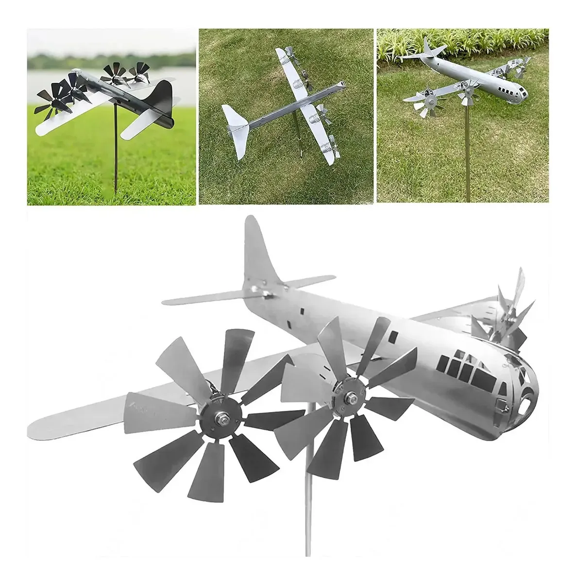 Avião de jardim Bienka, enfeite de moinho de vento, moinhos de vento cinéticos para o pátio, para pátio e jardim, apanhador de vento, cata-vento de metal para decoração de pátio externo