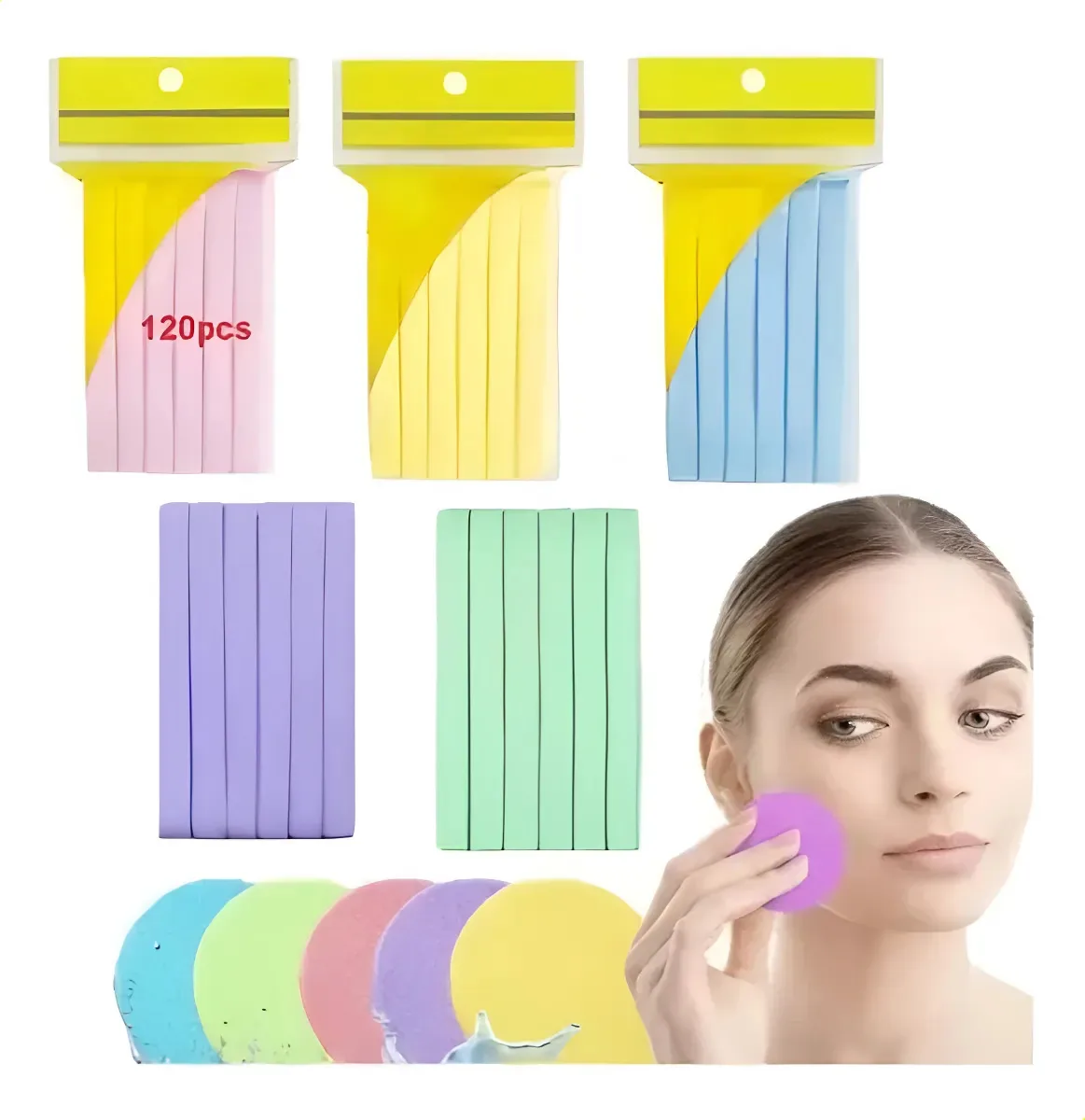 Kit VABESSA 123 peças Contém 120 peças de Esponjas faciais comprimidas para limpeza e esfoliação + 3 peças de escovas faciais de silicone