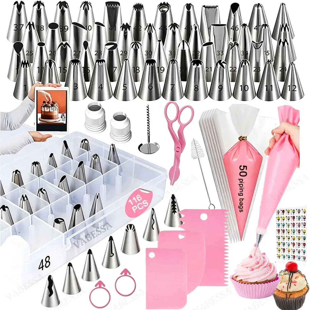 kit: 116 unidades de saco de confeitaria de silicone reutilizável com bicos de confeitaria de aço inoxidável VABESSA