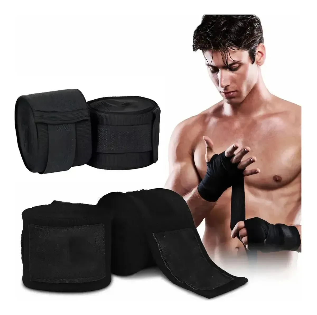Conjunto de 4 bandagens elásticas de Muay Thai, bandagens elásticas de 10 m pretas