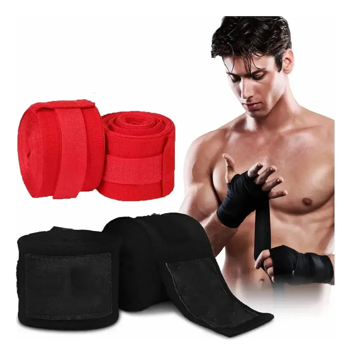 Conjunto de 4 bandagens elásticas de Muay Thai, bandagens elásticas de 10 m pretas com vermelhas