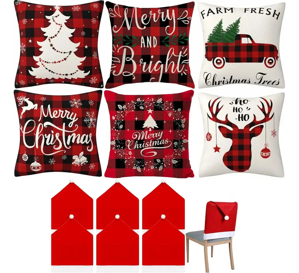 6 capas de almofada de Natal +6 capas de cadeira vermelhas