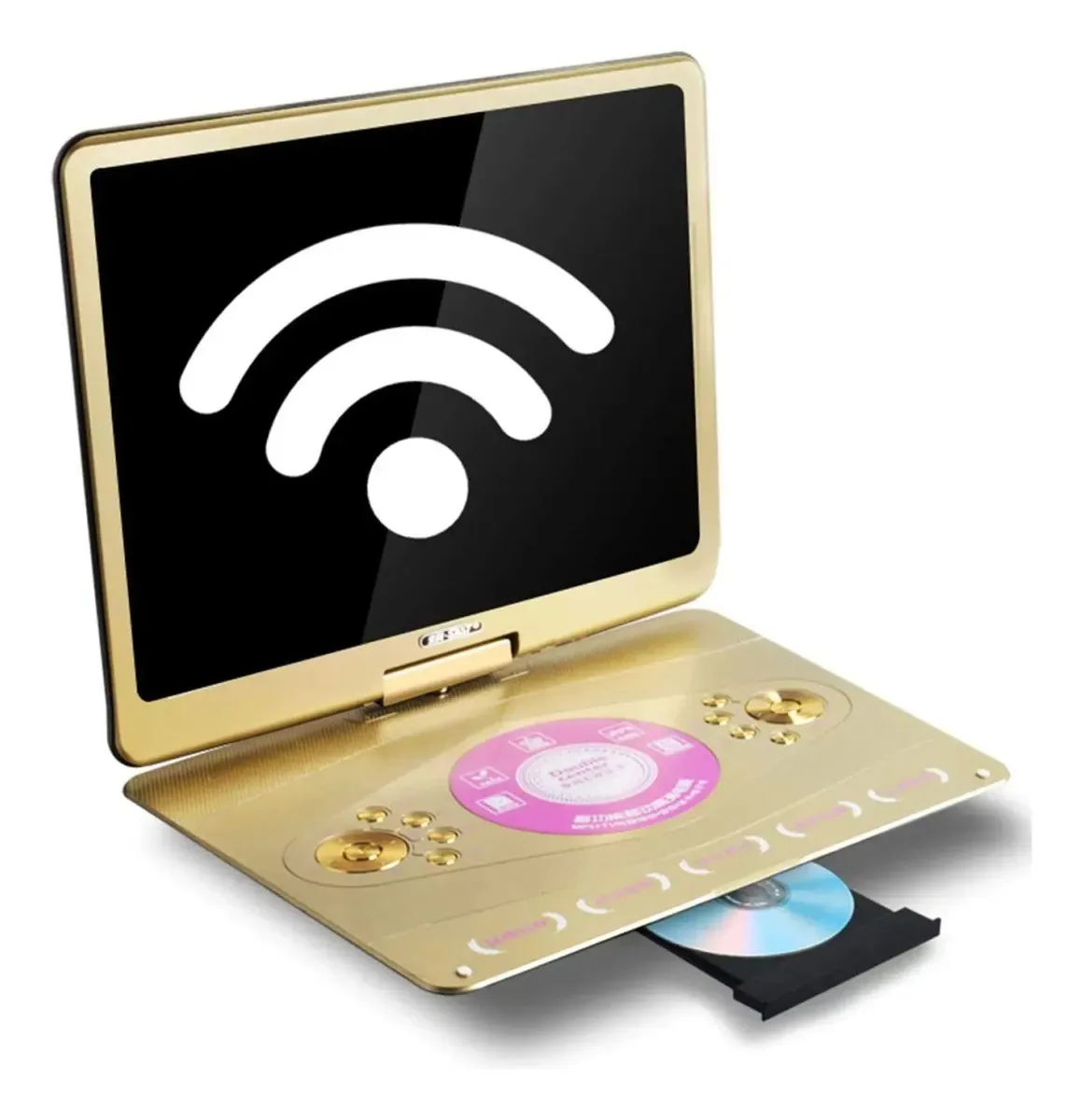 Leitor de DVD portátil de 14, com tela giratória HD 1980x1280, 6 horas de tempo de execução com suporte de bateria embutido, Wi-Fi, reprodução USB/SD, saída/entrada AV, dourado