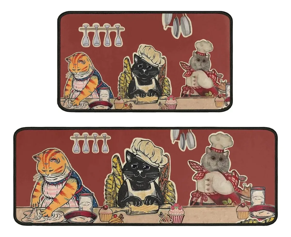 Conjunto de 2 tapetes de cozinha Chef Cat Kitchen Mat Tapete de cozinha Cat Tapete de cozinha para gatos