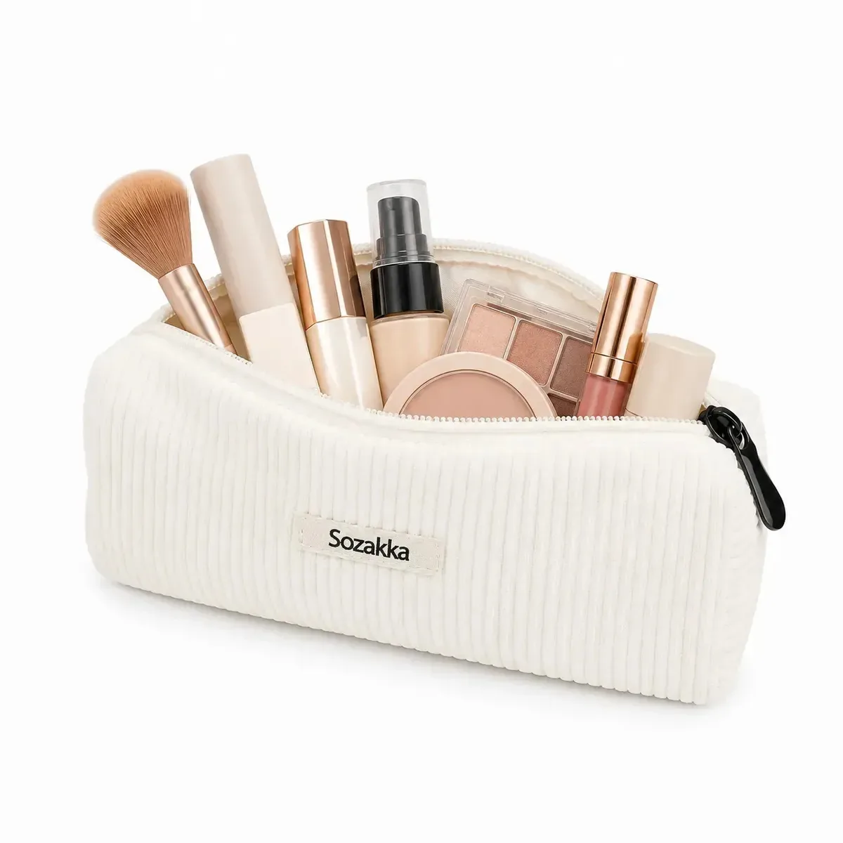 Estojo de cordeiro branco para maquiagem, cosméticos e acessórios de viagem Bolsa de cosméticos portátil com fecho canelado Bolsa de cosméticos para mulheres - branca