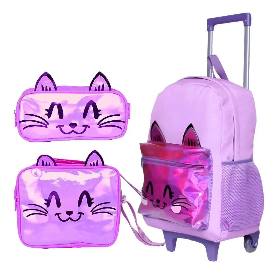 Kit Mochila Rodinha Menina Estojo Lancheira Gatinho - Lilás
