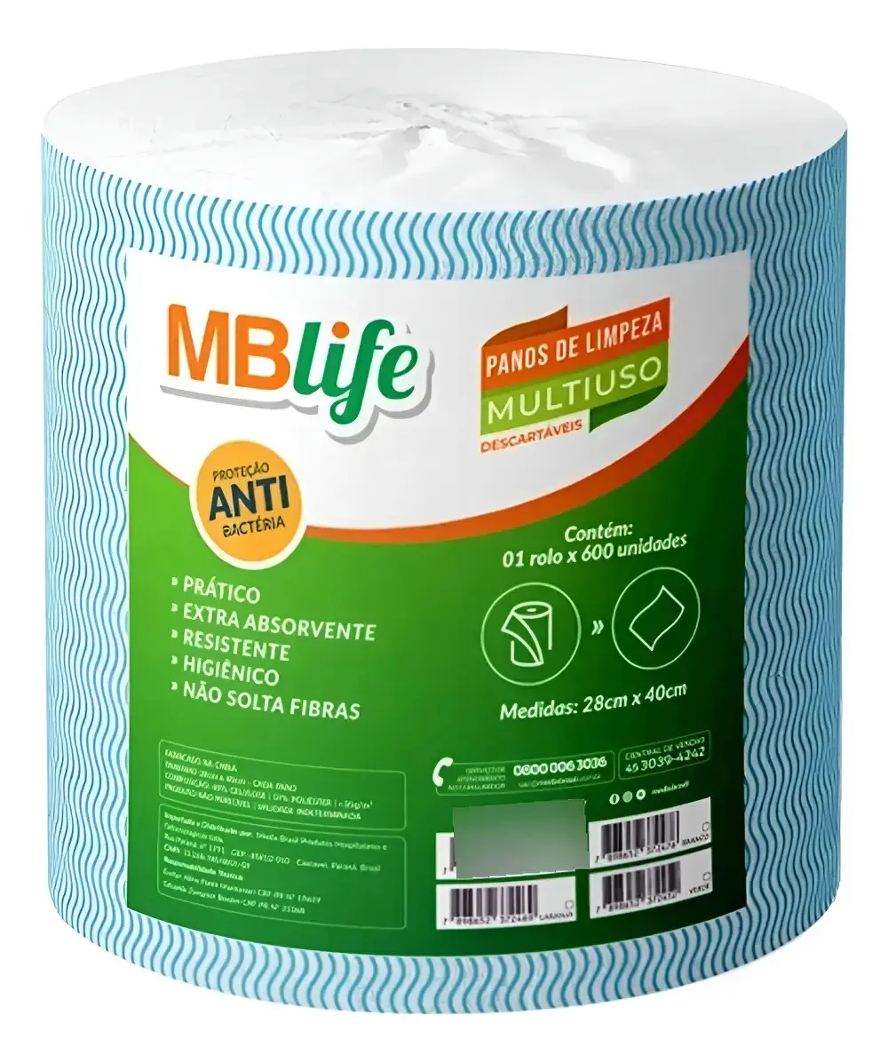Pano Multiuso Rolo Mb Life 28x40cm Azul 600 Panos Azul