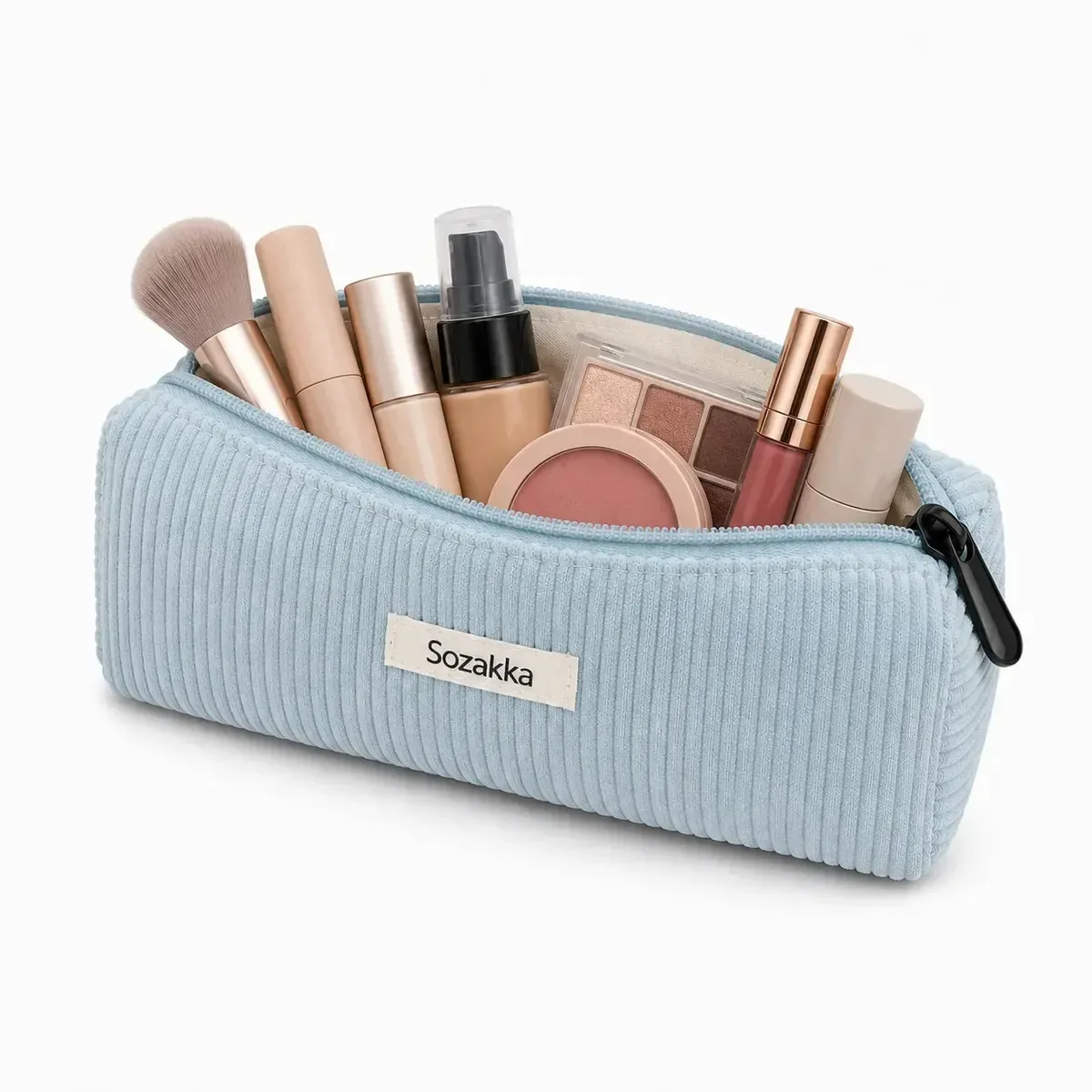 Estojo de cordeiro azul claro para maquiagem, cosméticos e acessórios de viagem Bolsa de cosméticos portátil com fecho canelado, estética para mulheres — azul claro
