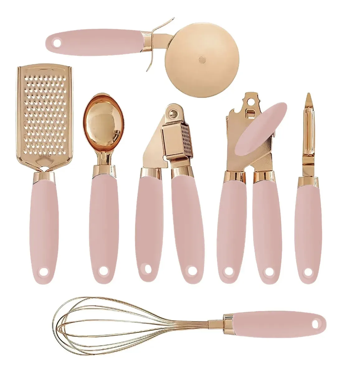 Conjunto de utensílios de cozinha em aço inoxidável X7. Cor: Rosa