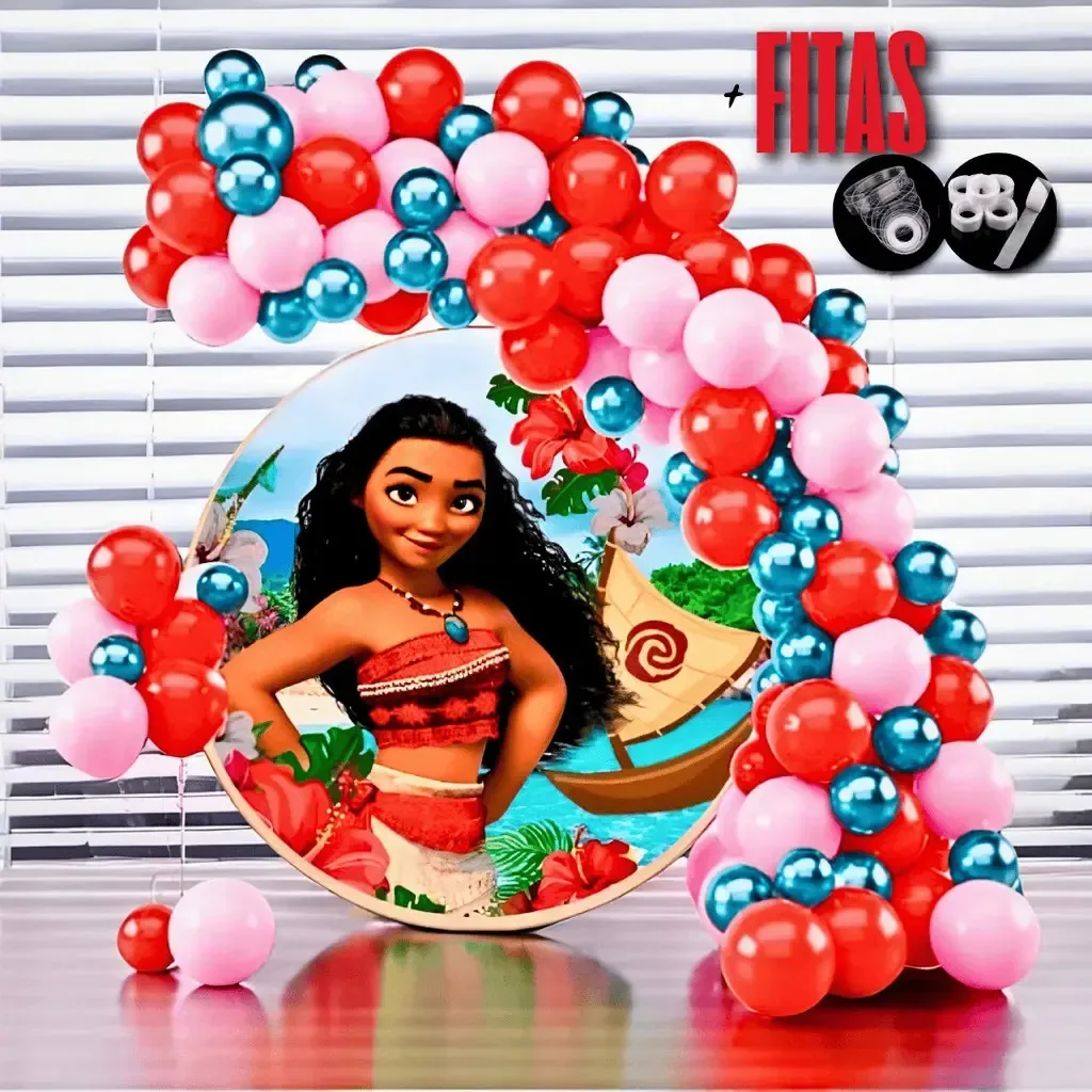 Kit 125 Balões Moana + Fita Arco E Adesiva Para Aniversário