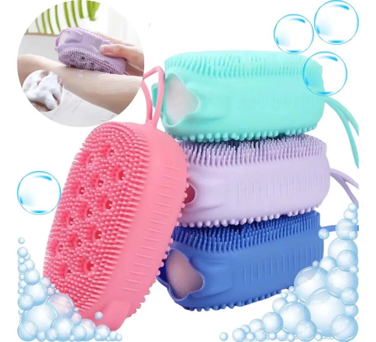 Bucha Esponja Escova De Banho Silicone Com Porta Sabonete Cor Rosa