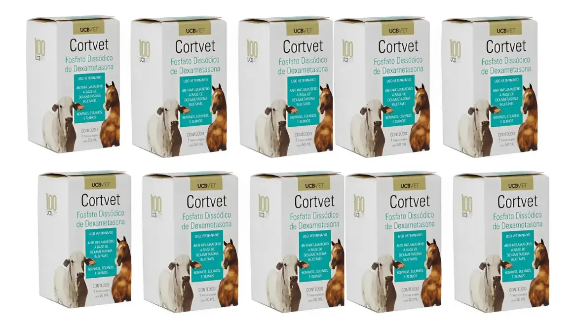 Kit 10 Cortvet Inj 50ml UCB Injeção Veterinária Bovinos Equinos Suínos