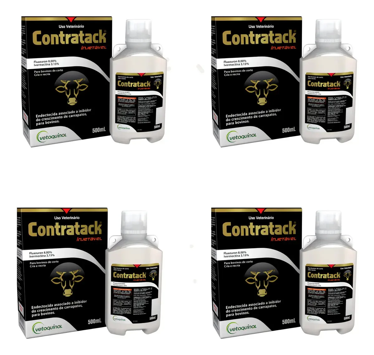Kit com 4 Frascos Contratack Endectocida Clarion Vetoquinol 500ml Bovinos