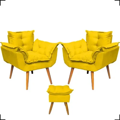 Kit 2 Poltronas Para Sala Opala Reforçada Com Puff Alice Cor Amarelo