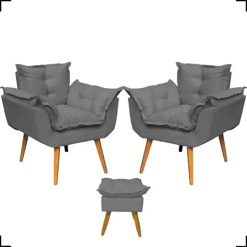 Kit 2 Poltronas Para Sala Opala Reforçada Com Puff Alice Cor Cinza