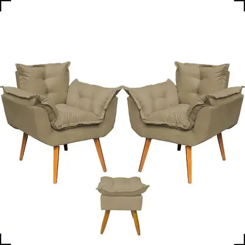 Kit 2 Poltronas Para Sala Opala Reforçada Com Puff Alice Cor Nude