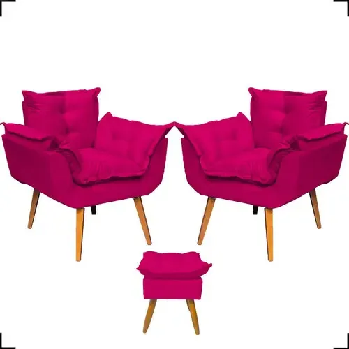 Kit 2 Poltronas Para Sala Opala Reforçada Com Puff Alice Cor Pink