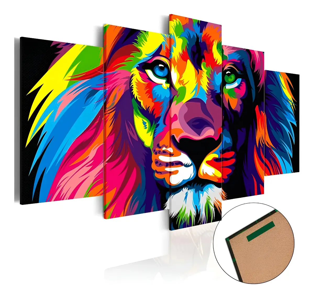 Quadros Decorativos Mosaico Leao Colorido - Kit 5 Quadros