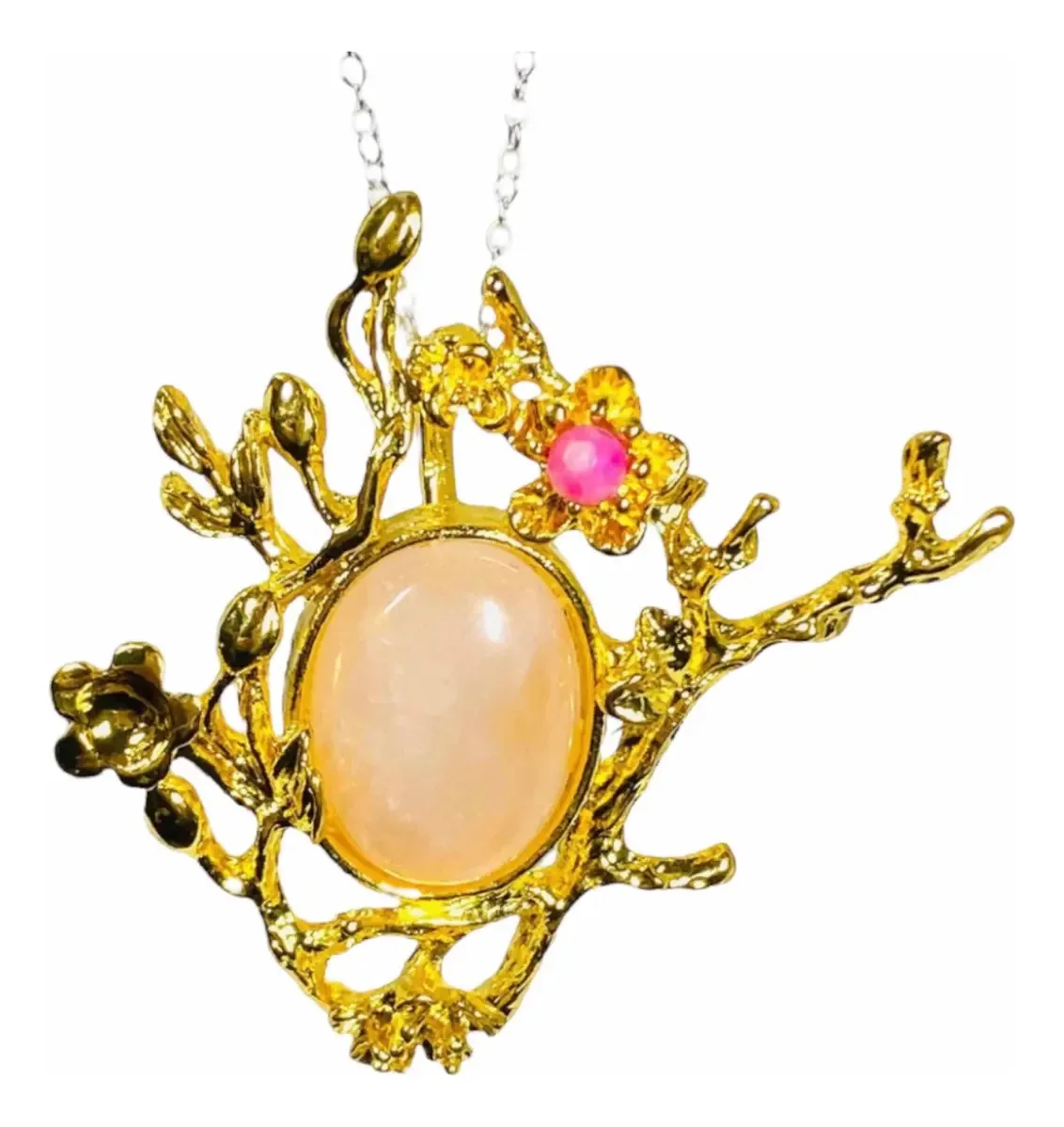 Pingente de broche de quartzo rosa 100% ouro natural