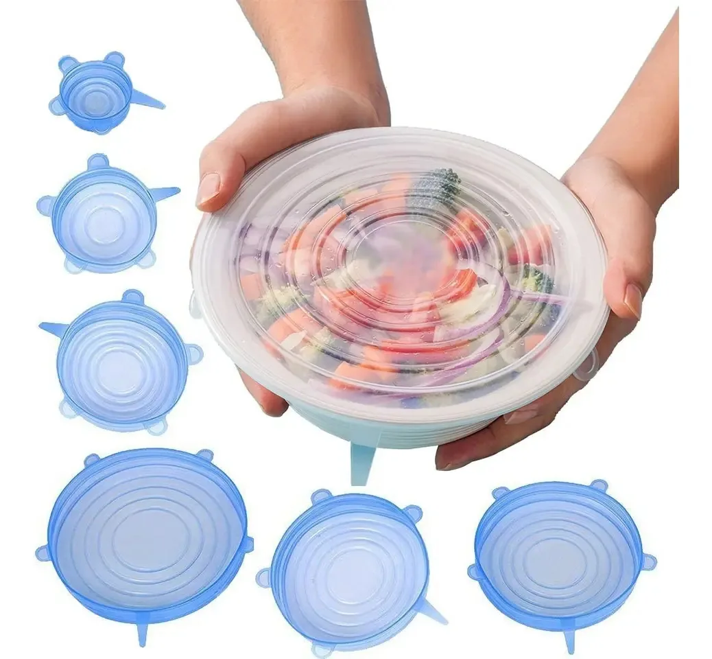 6 tampas de silicone reutilizáveis para alimentos frescos garantidos em azul