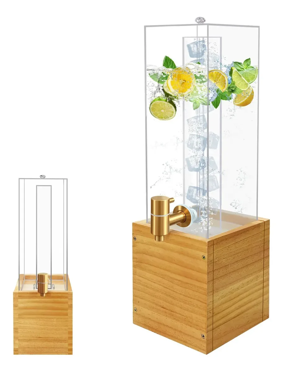 Dispensador de bebidas com suporte, dispensador de bebidas. Transparente/Madeira/Dourado
