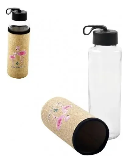Garrafa De Vidro 400ml Com Capa De Proteção E Tampa Com Alça