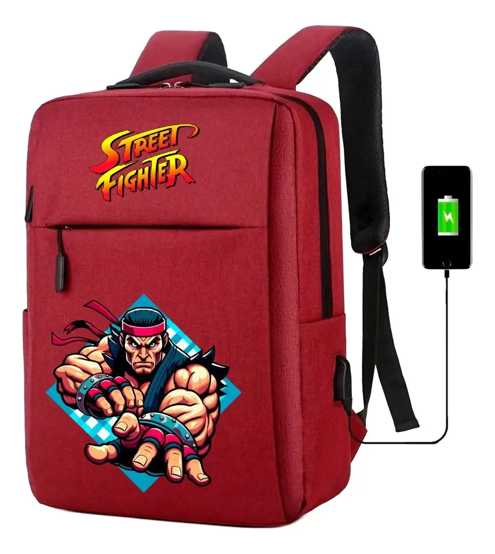 Mochila Ryu Usb Escolar Estampa Dtf Street Luta Serie Anime Cor Mausbsf04