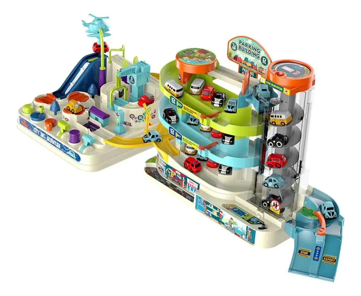 Brinquedo de pista de carro em miniatura com cores de elevador