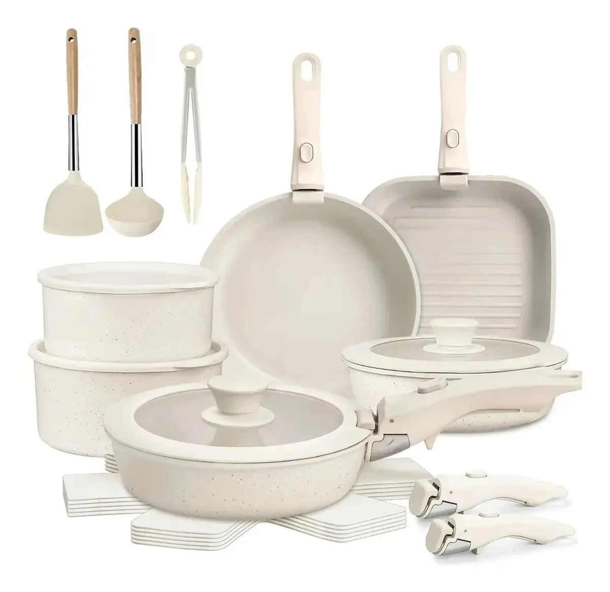 Conjunto de frigideiras Pulutang®, 20 peças de utensílios antiaderentes, utensílios de cozinha, panelas e frigideiras de pedra medicinal com alças removíveis e tampas de vidro, compatível com...