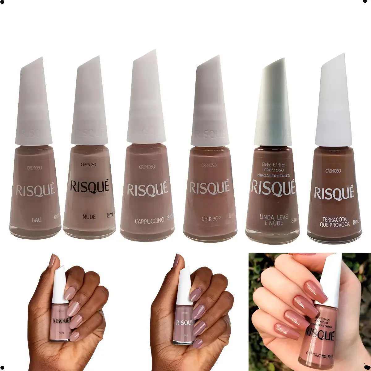 Kit 6 Esmaltes Risqué Nude Elegante Longa Duração Secagem