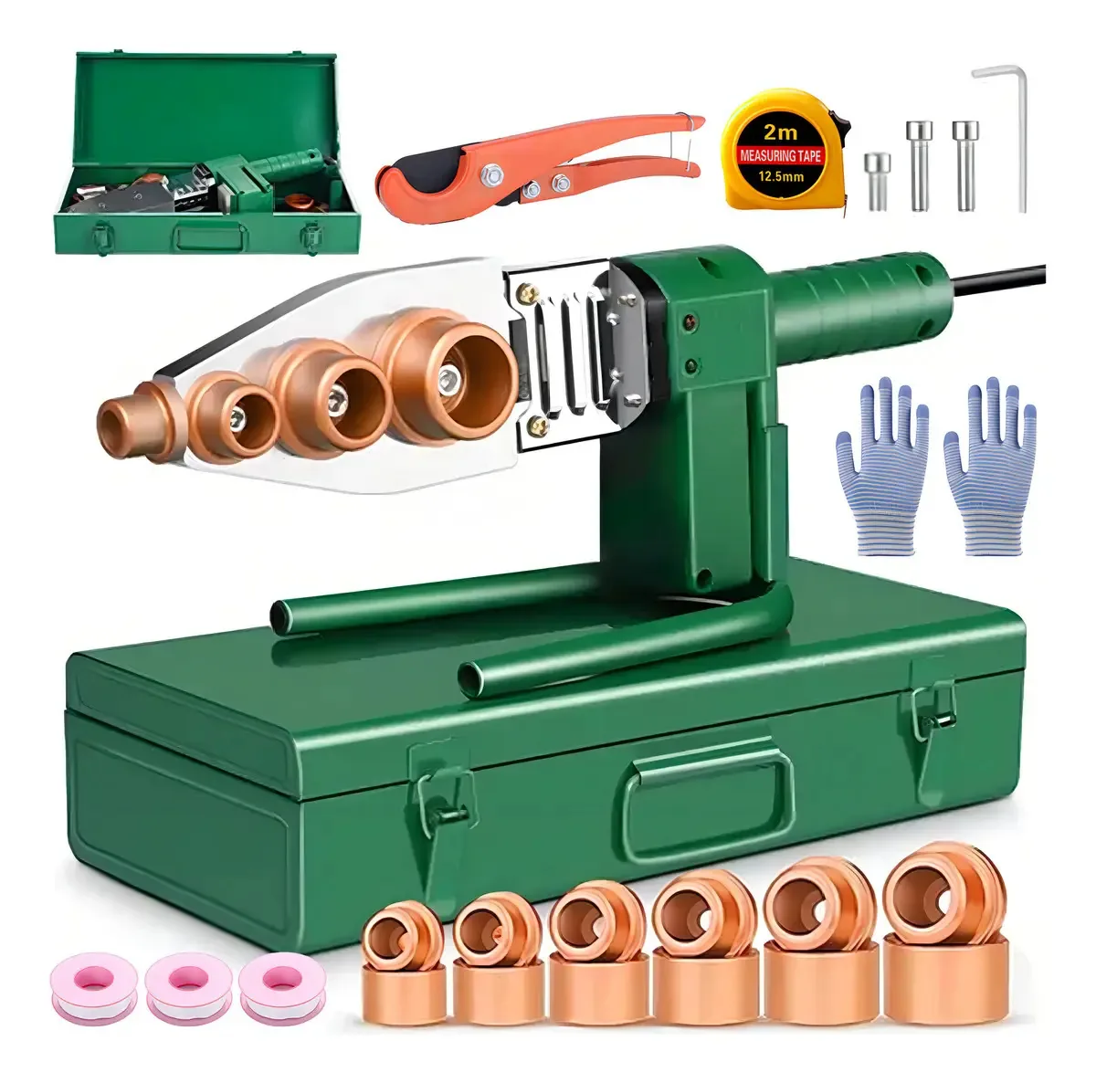Kit de fusão a quente com 6 pregos (20 mm a 63 mm) e tesoura, soldador de tubo termofônico Xiashancun® de 1800 W, ferramenta de soldagem de tubo de água de plástico para PE/PPR/PVDF/PB/HDPE/PVC